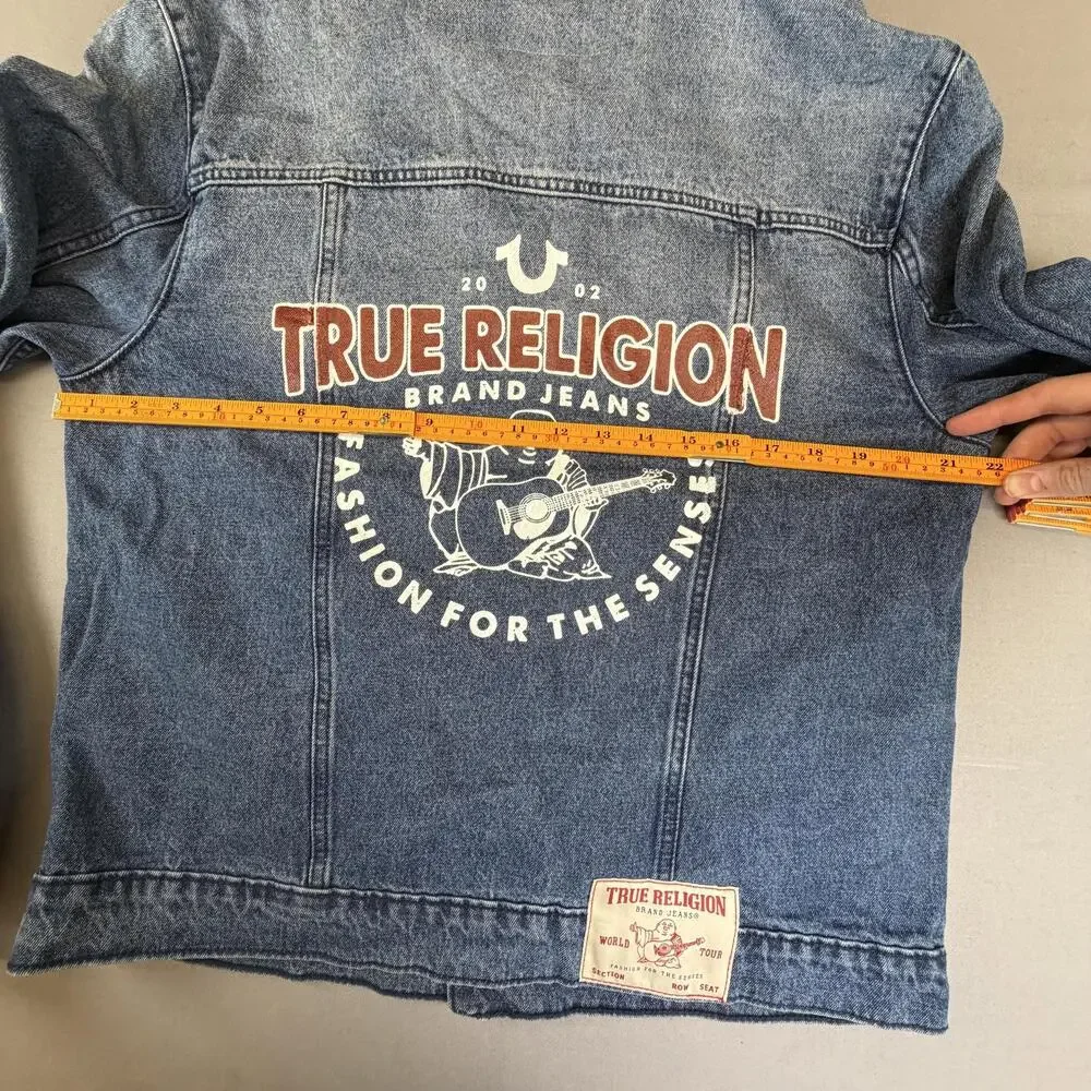 True Religion Jacket Mens Medium Blue Denim TRBJ Print SN Graphic 701133
